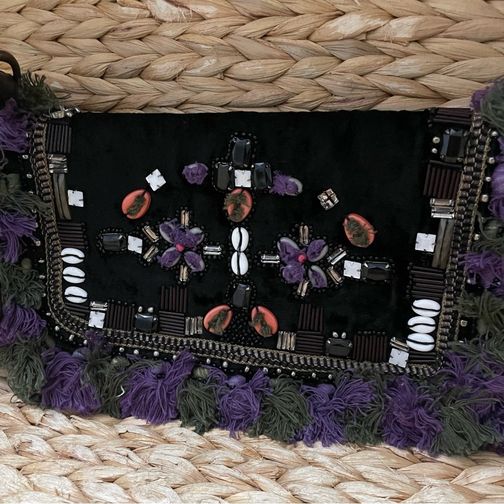 Anthropologie tasseled and beaded‎ black velvet crossbody bag
